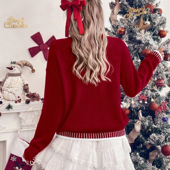 Burgundy Casual Women's Christmas Graphic Knit Sweater Knit Pullover Sweater - Picture 2 of 7